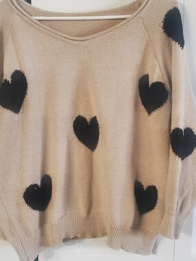 Heart Tan Sweater Black Hearts. Long Sleeve Sweater. Cover Up Beach. XL
